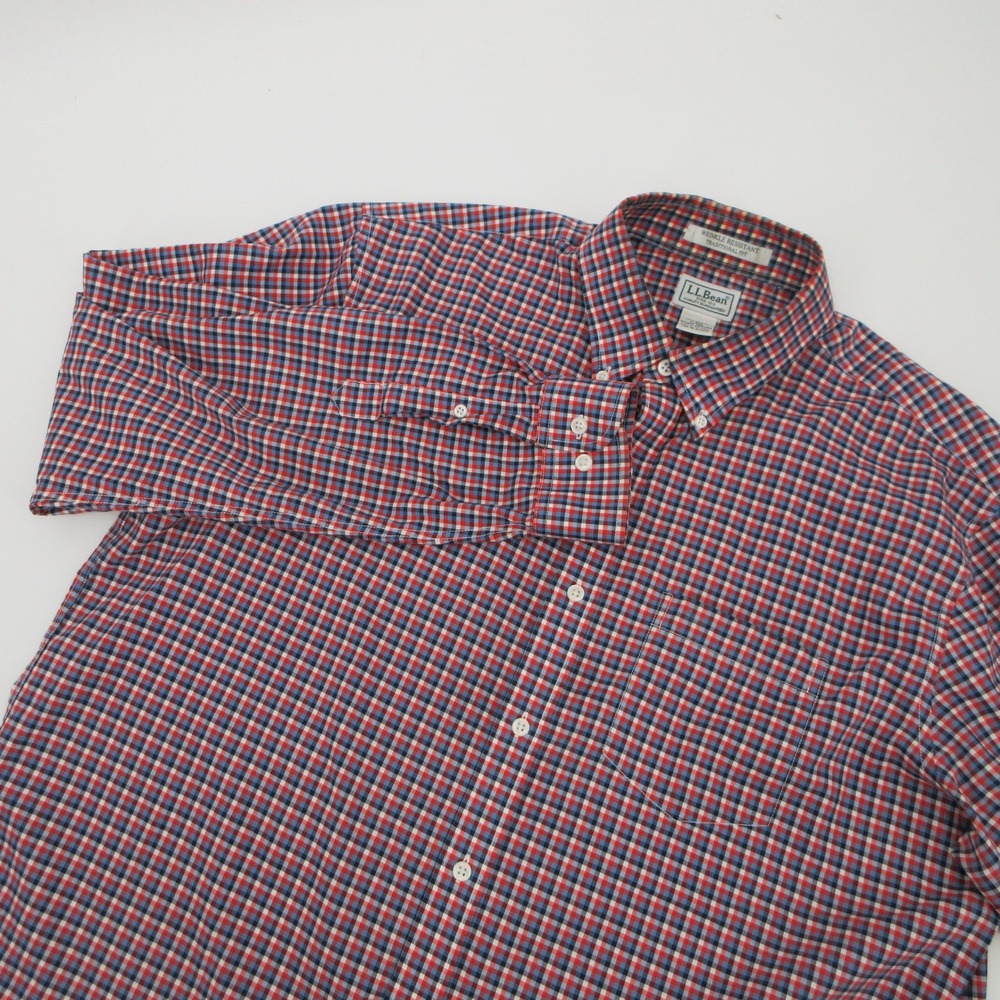 LL Bean Mens Large Traditional Fit Wrinkle Resistant Plaid Shirt Red Blue White